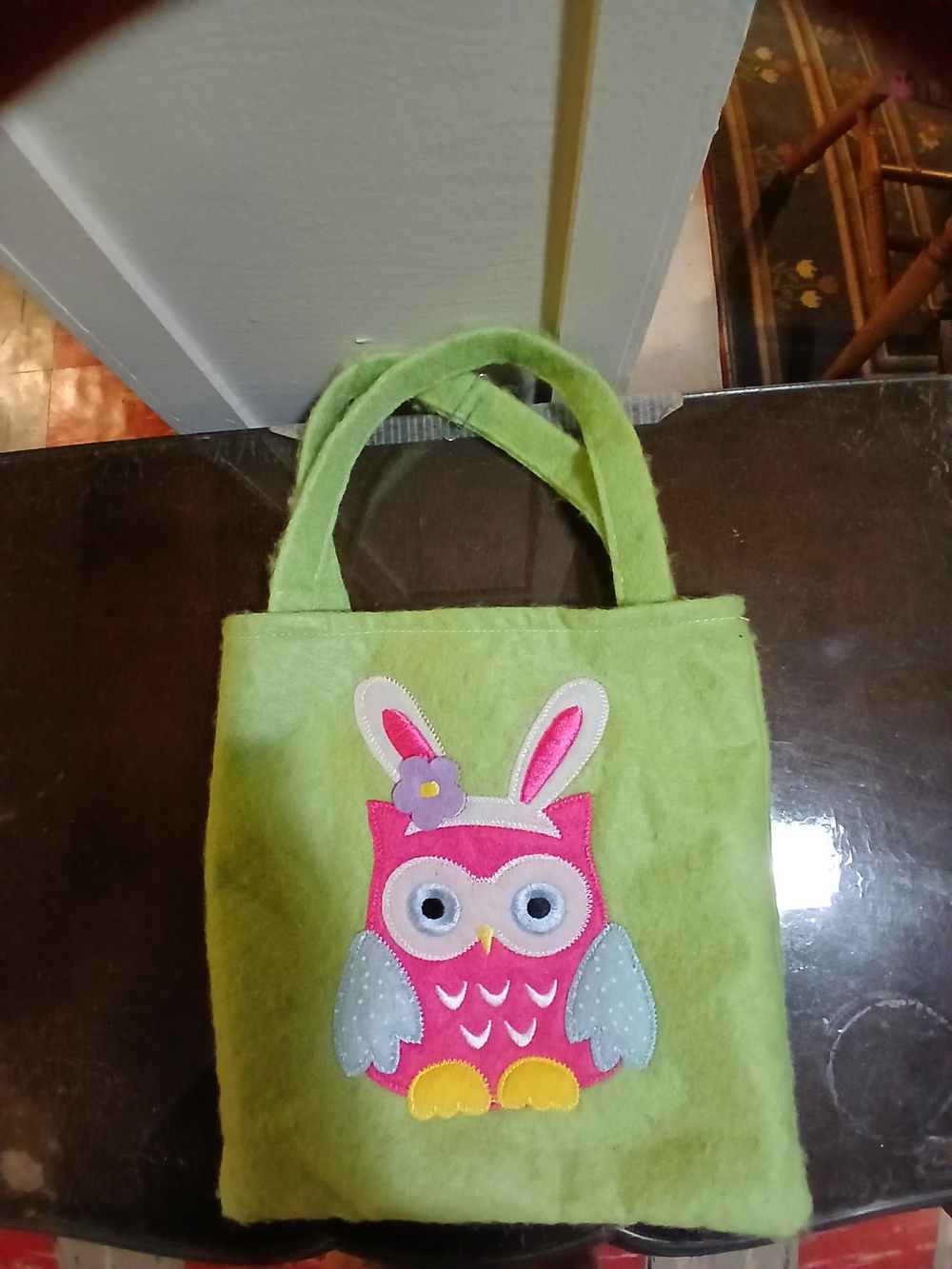 Kids Green Felt Tote Bag with Pink Owl Applique - Brand